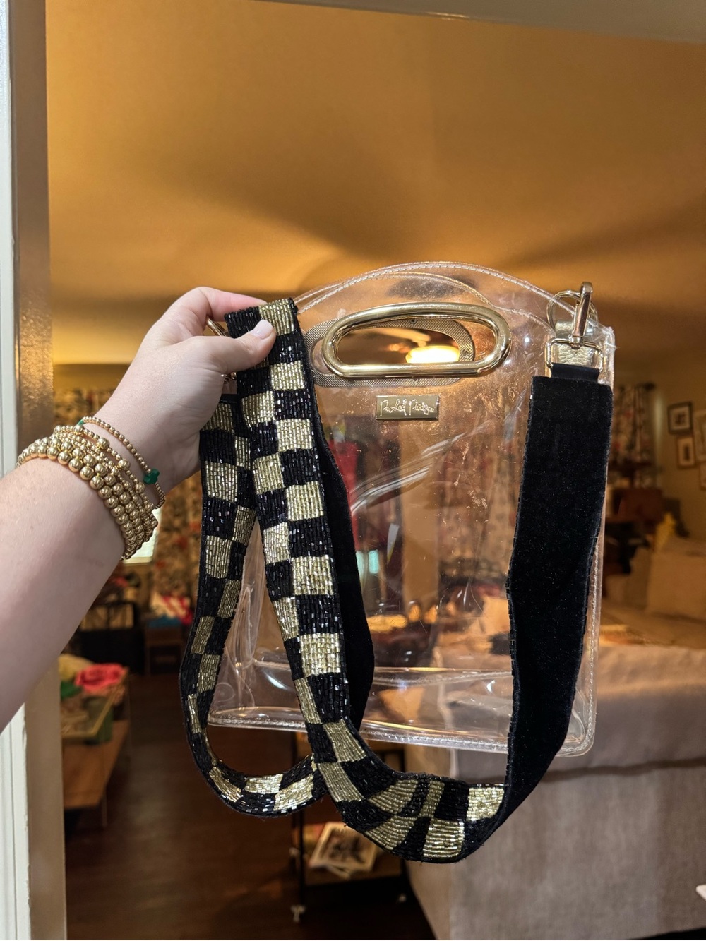 Clear Crossbody Bag with Black and Gold Decorative Strap